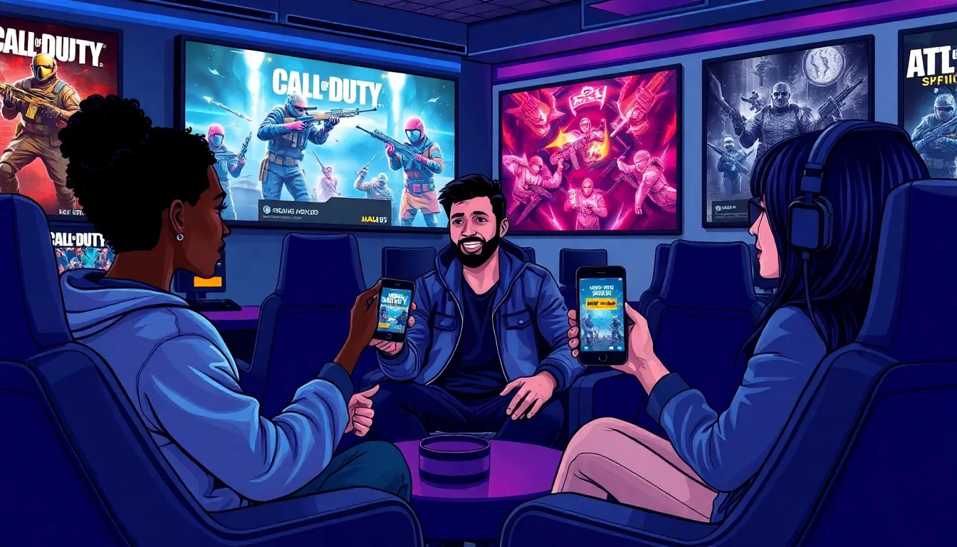 diverse gamers discussing Call of Duty in a modern gaming lounge.