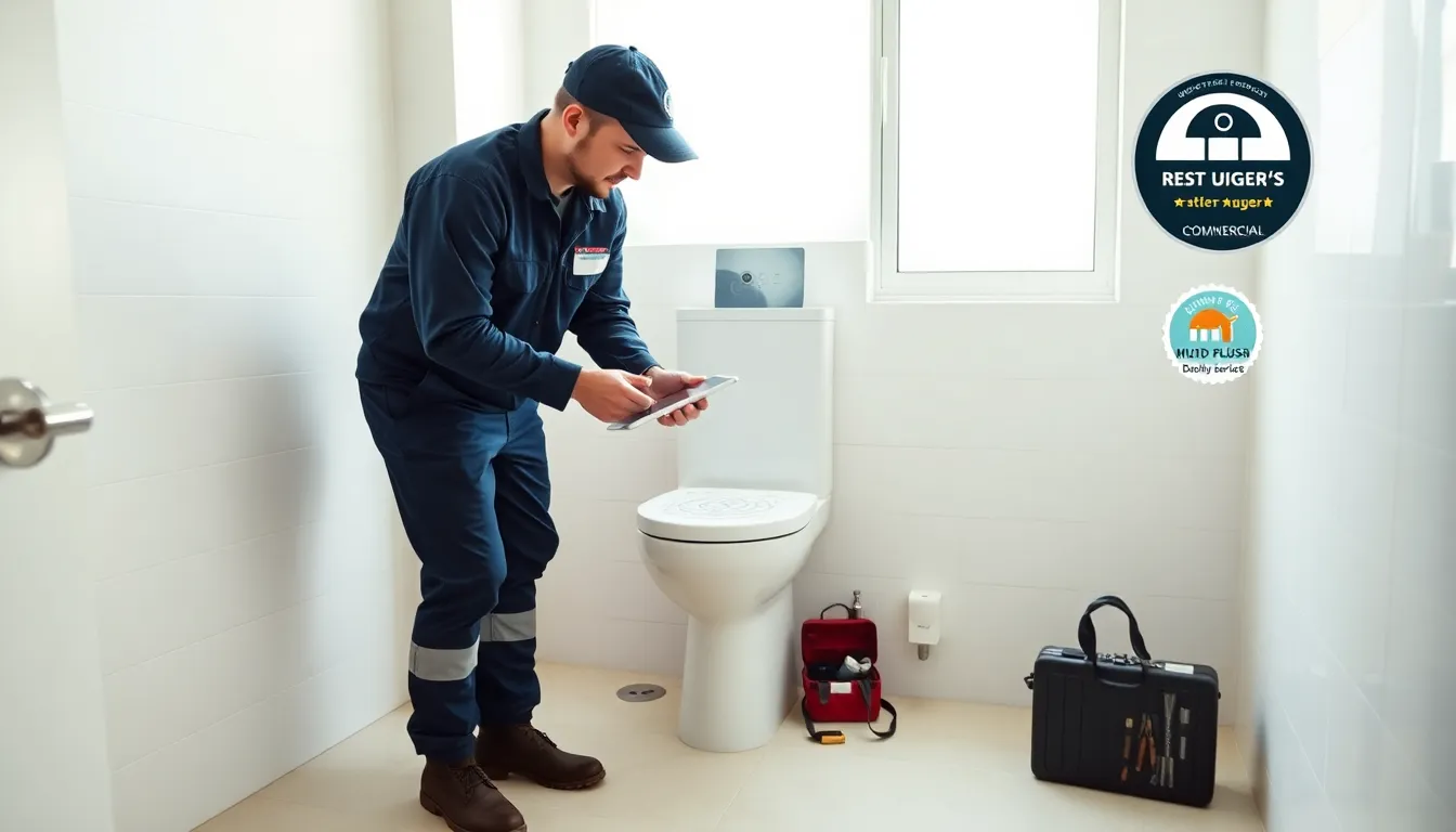 Professional plumber inspecting a toilet in a modern Brisbane bathroom.