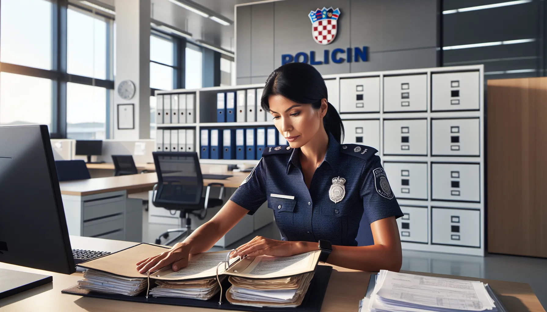 Croatian police officer reviewing official police reports at desk in government office.