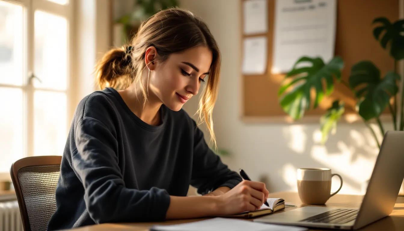 Professional planning their week at a sunlit desk with a planner and coffee.