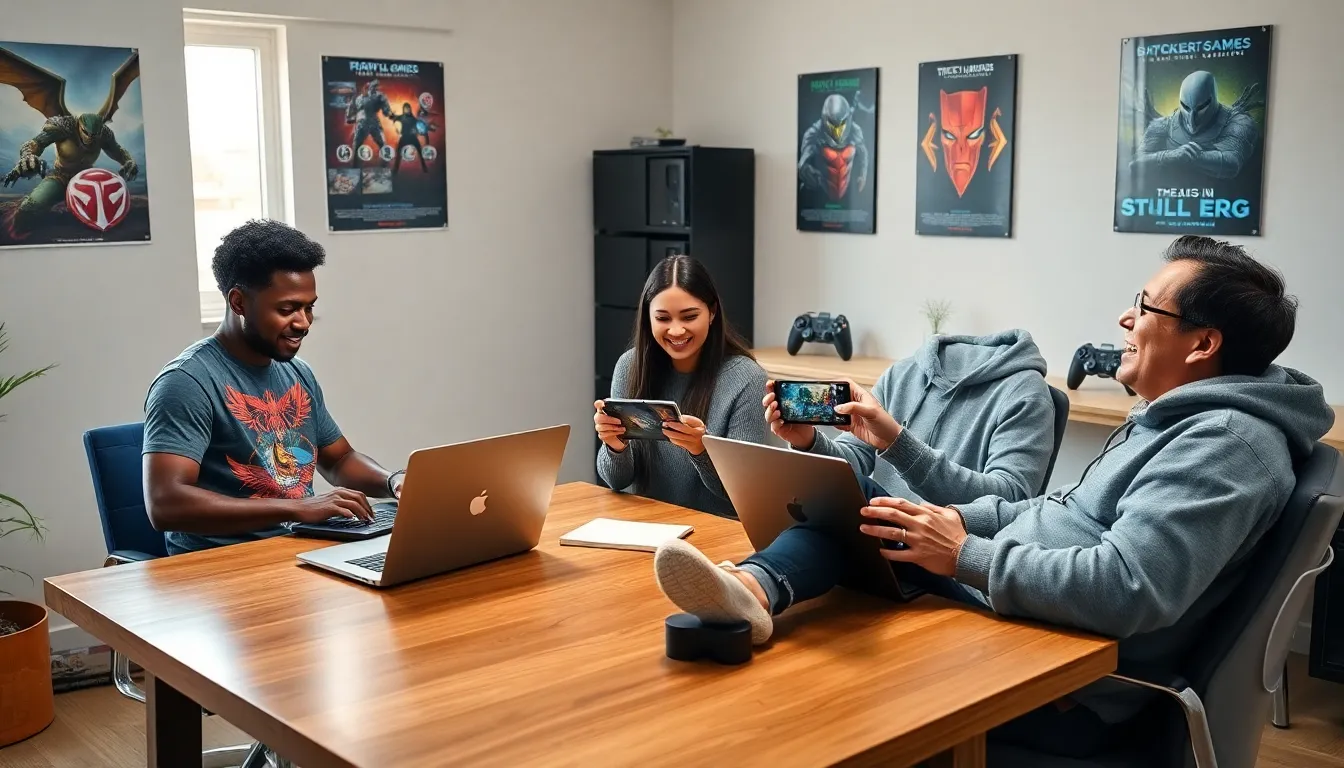 a diverse group of friends playing video games in a home office.