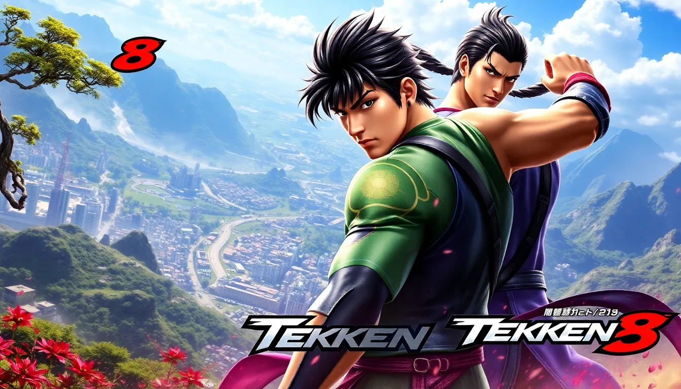 Tekken 8 wallpaper featuring Jin Kazama and Kazuya Mishima in dynamic environments.