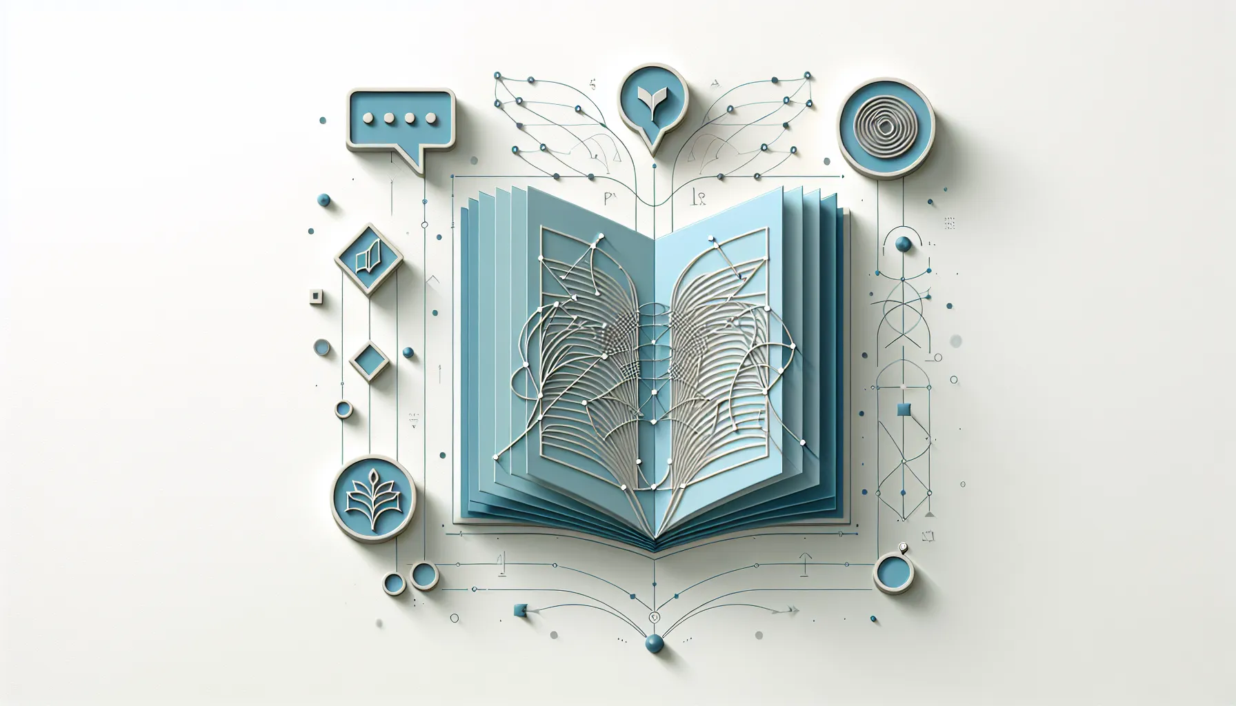 Open book with floating literary genre symbols in minimal blue design