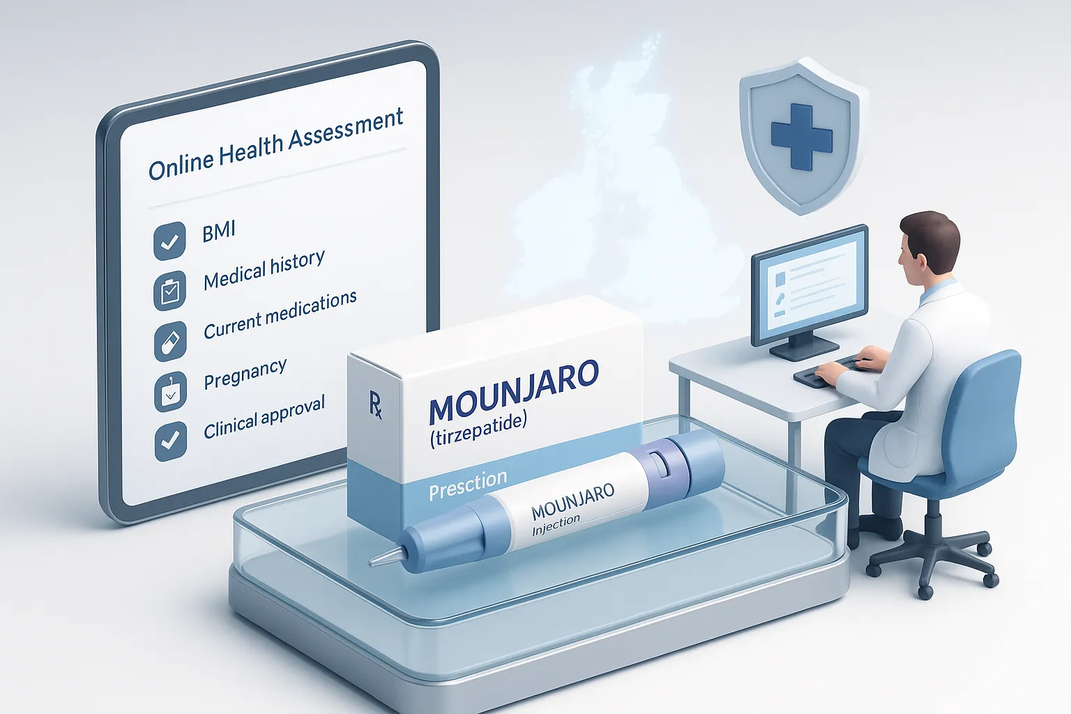 3D render of Mounjaro prescribed through a regulated UK online pharmacy service.