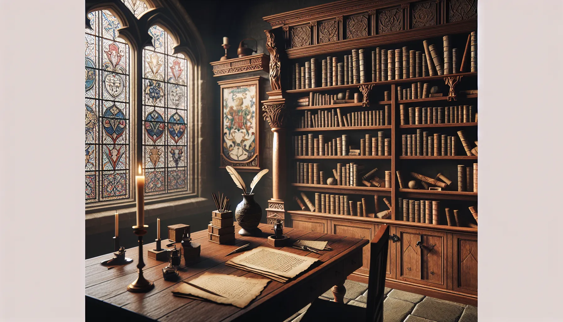 A historical study room showcasing books, parchments, and a quill.