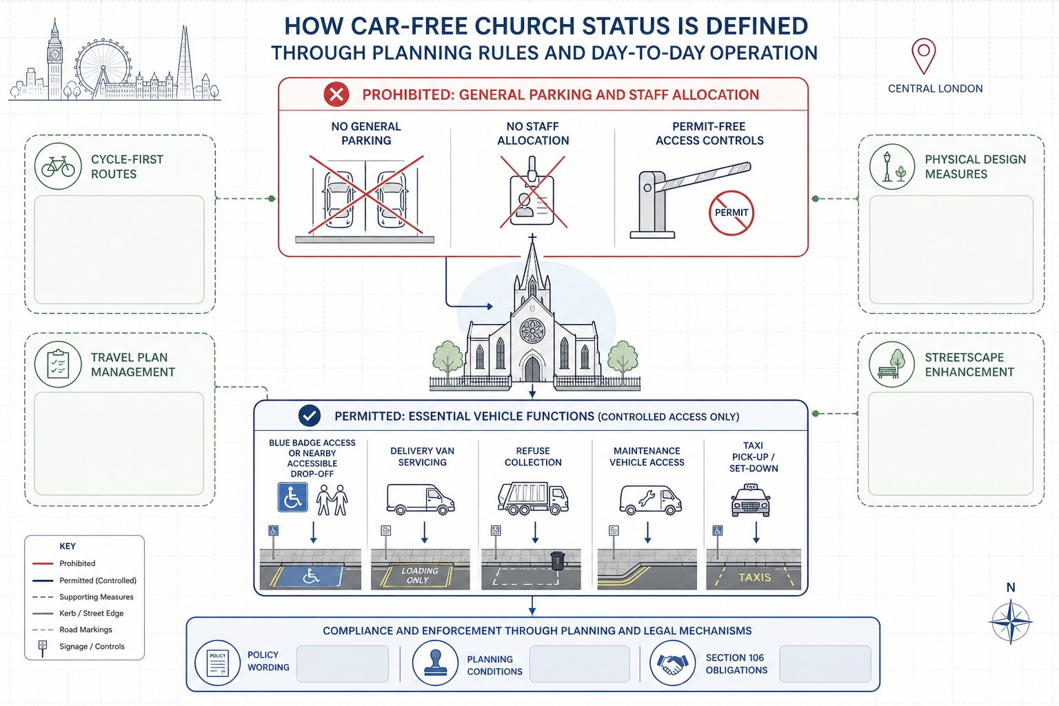 Infographic showing car-free church rules, exceptions, and managed vehicle access in London.