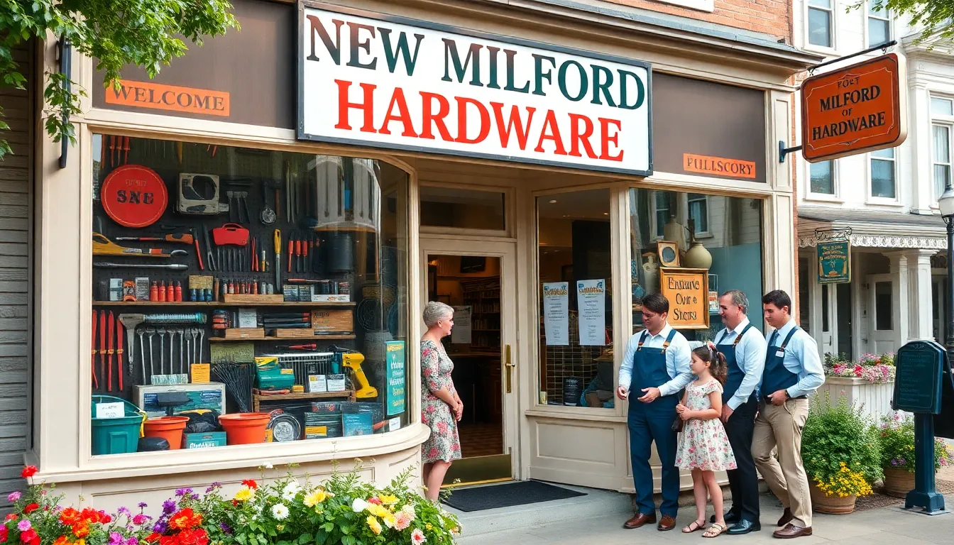 New Milford Hardware storefront with diverse customers and staff.