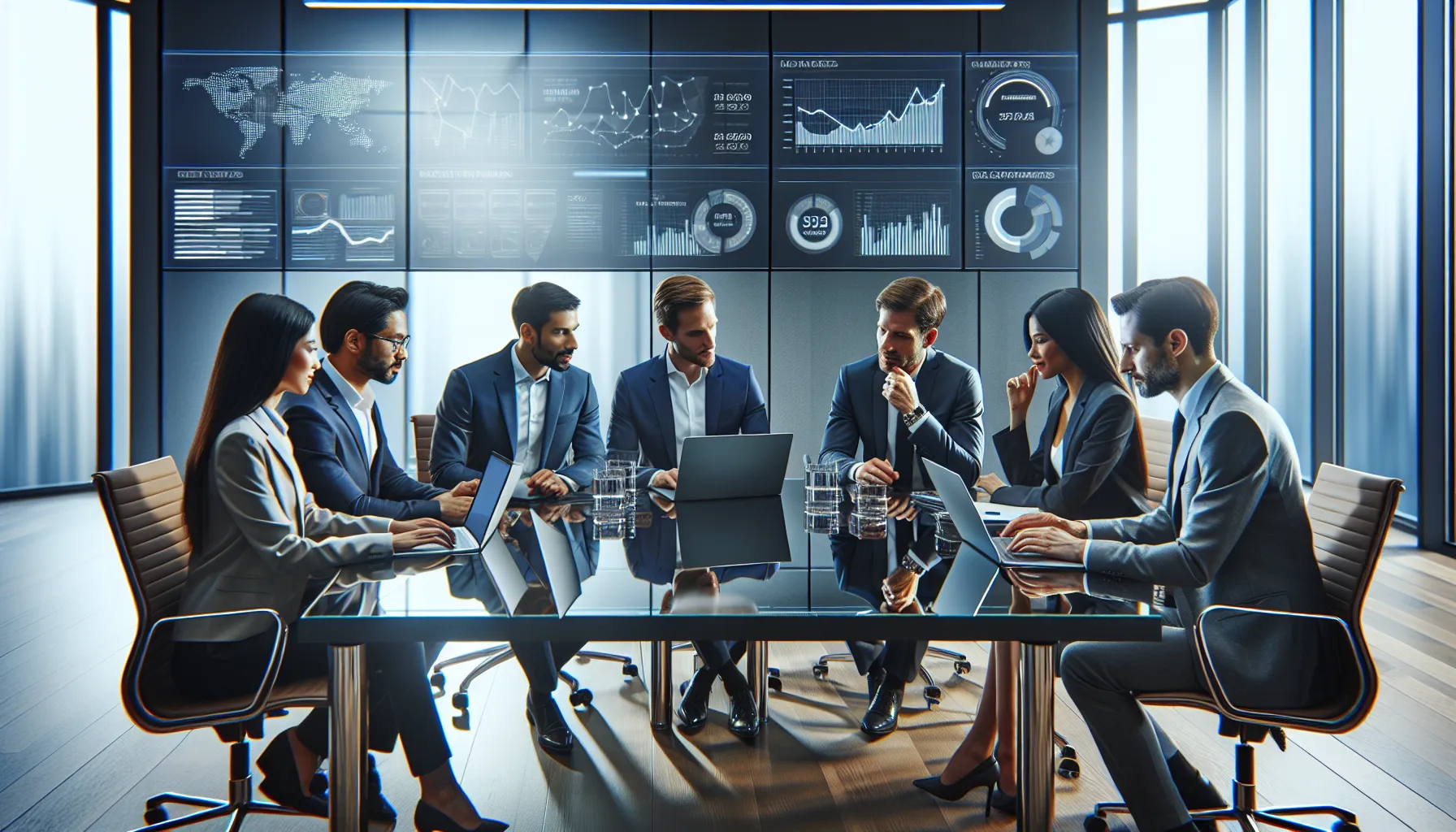 diverse team discussing data analytics in a modern office.