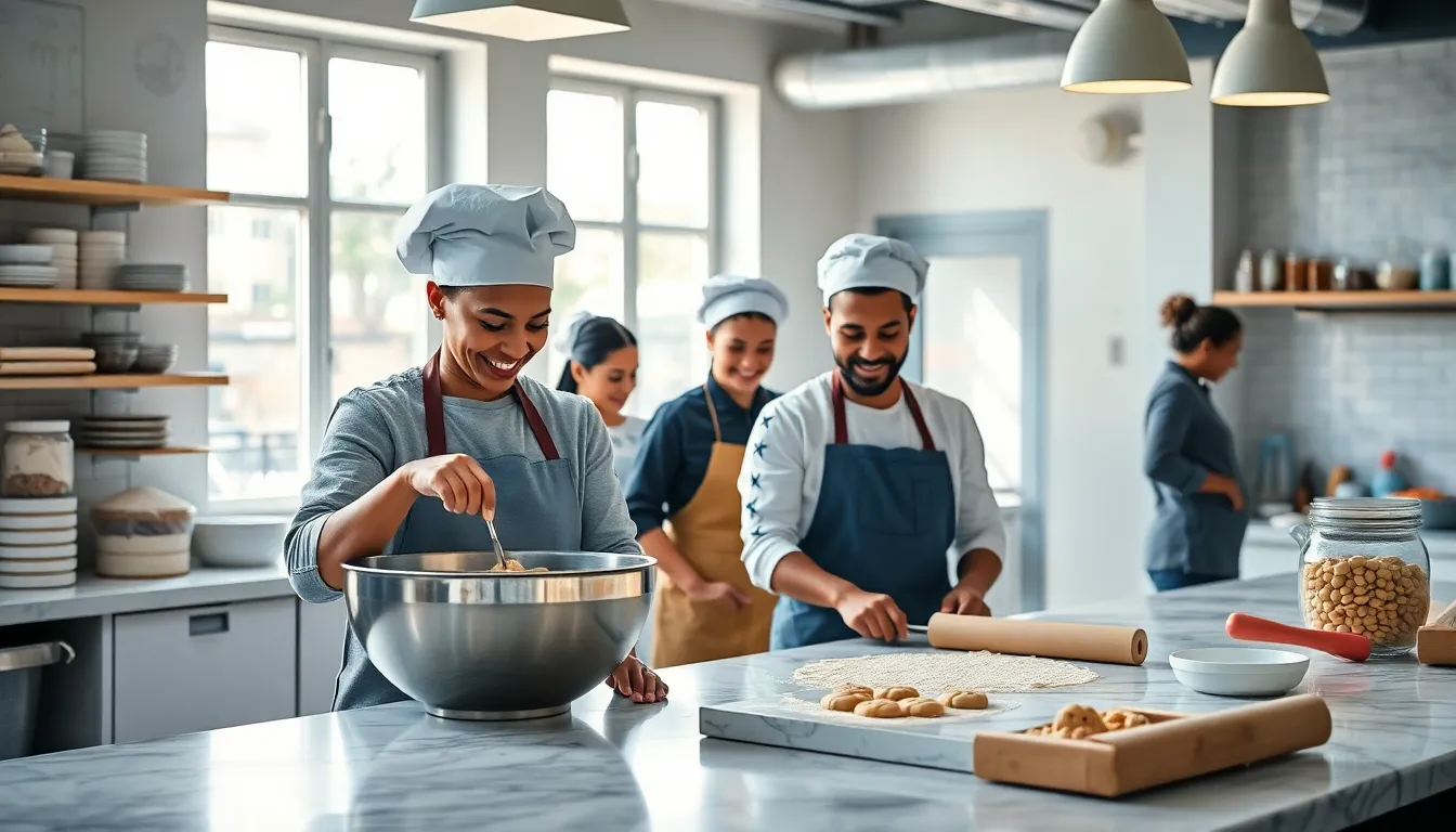 diverse bakers joyfully crafting cookies in a bright bakery.