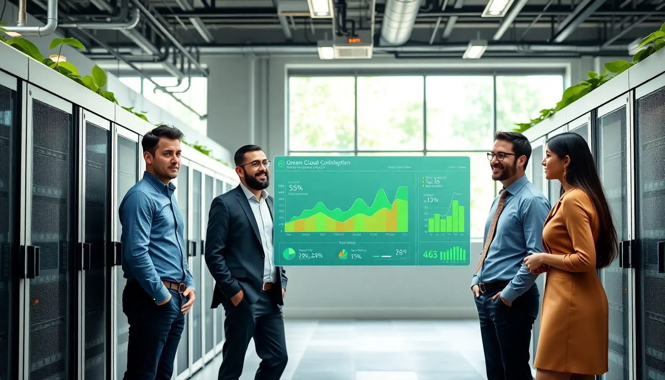 diverse team in a modern data center focused on green cloud computing.