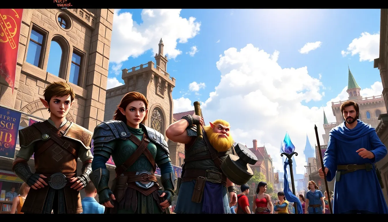 a diverse group of adventurers in the marketplace of Neverwinter.