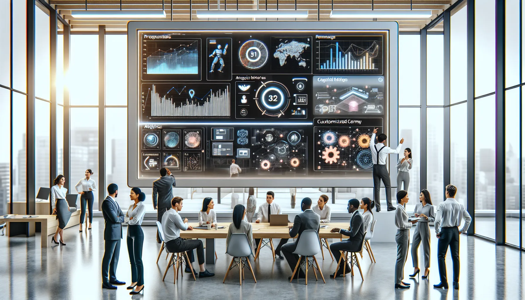diverse professionals collaborating around a high-tech touchscreen panel.