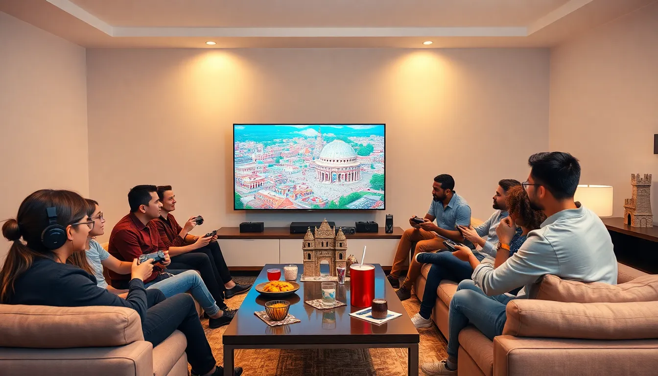 diverse gamers playing Age of Empires on PlayStation in a cozy living room.