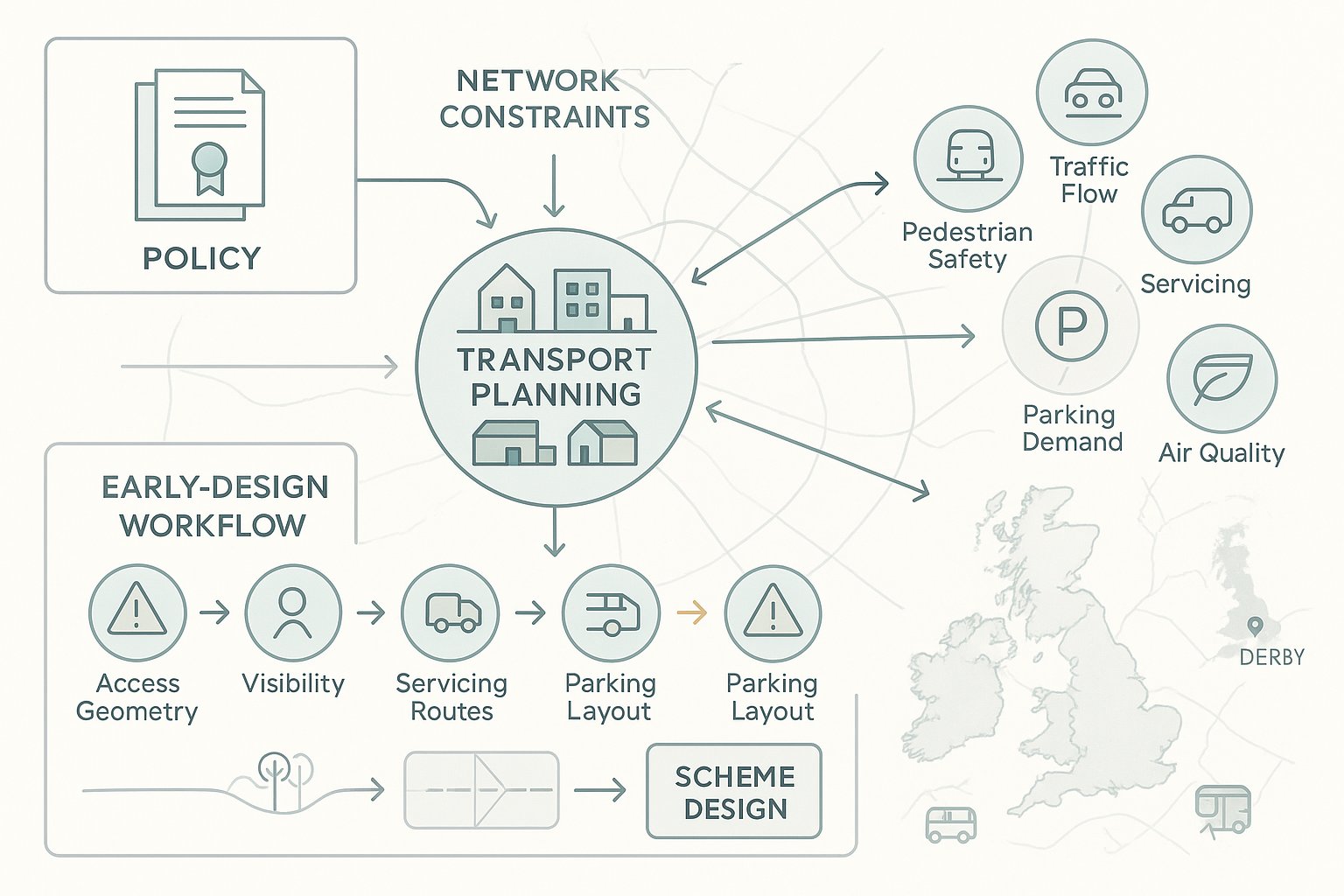 Infographic showing how transport planning supports development decisions in Derby.