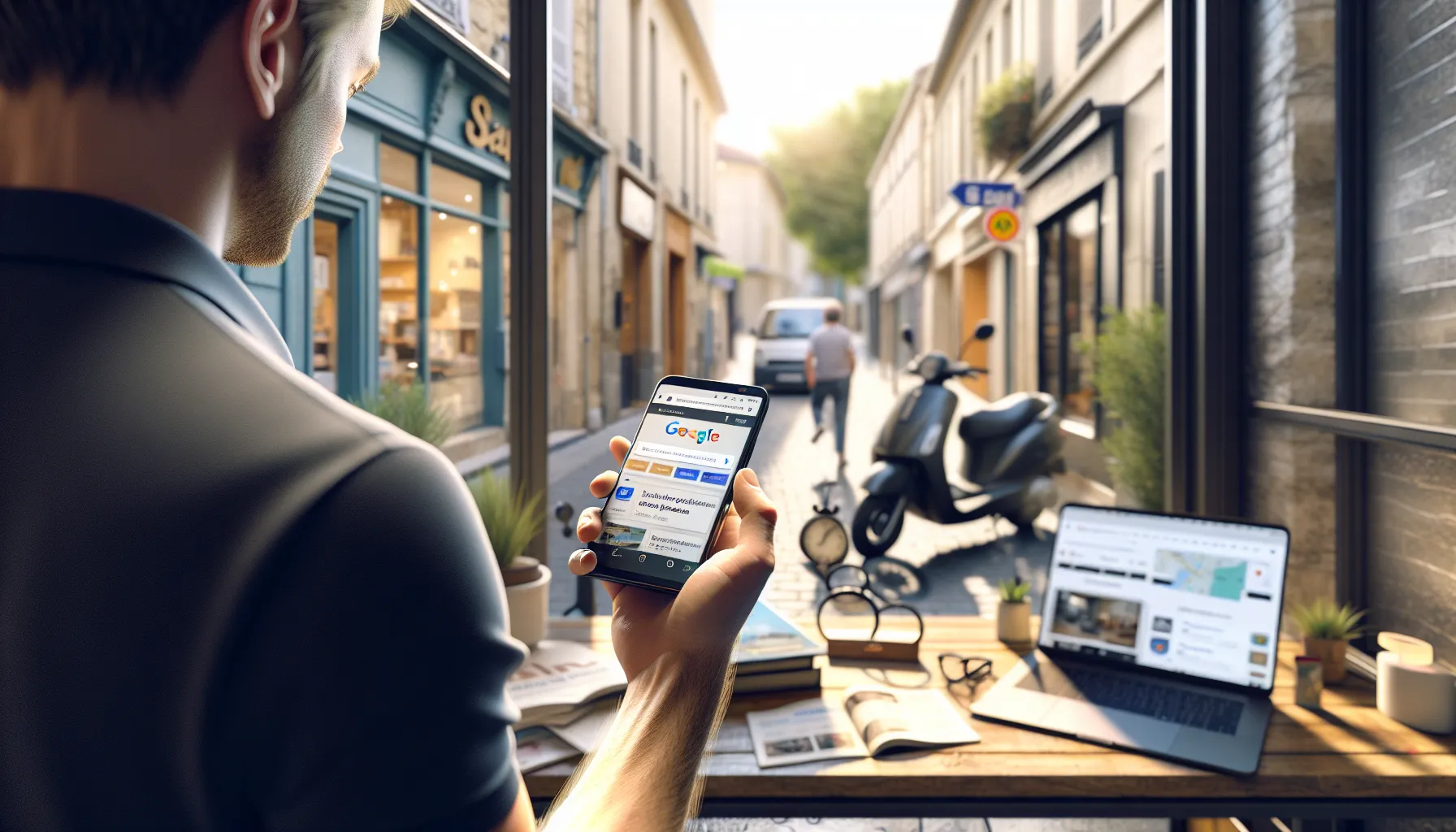 Person in Saint-Maurice searching local plumber on Google with phone and laptop.