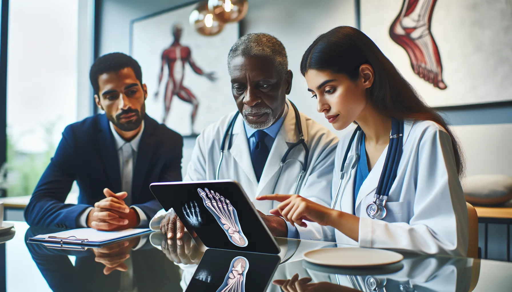 healthcare team discussing foot pain diagnosis in a modern office.