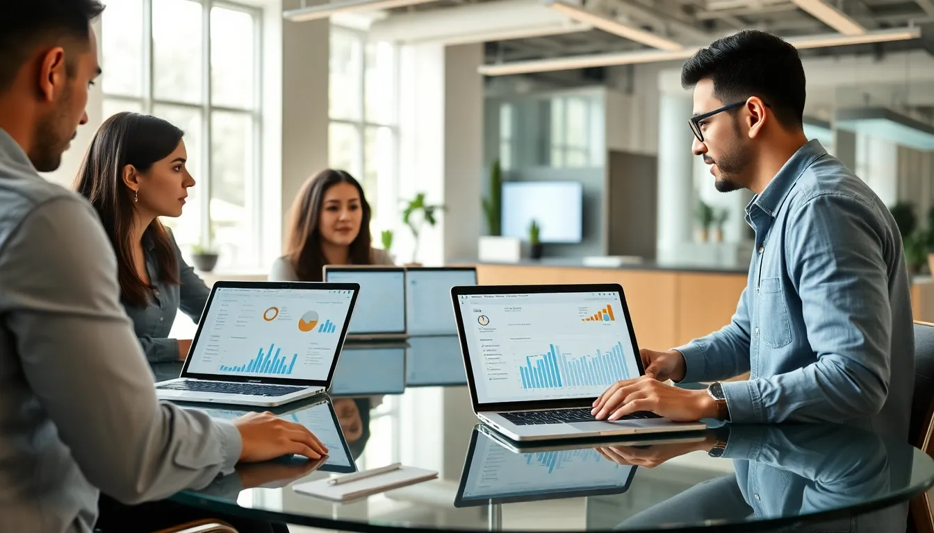 diverse team collaborating on AWS DevOps tools in a modern office.