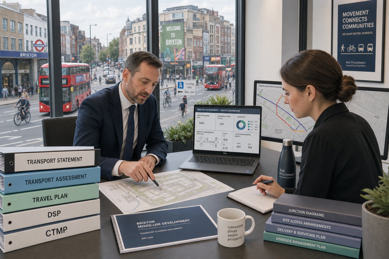 Traffic engineer reviewing transport planning reports for a Brixton urban development.