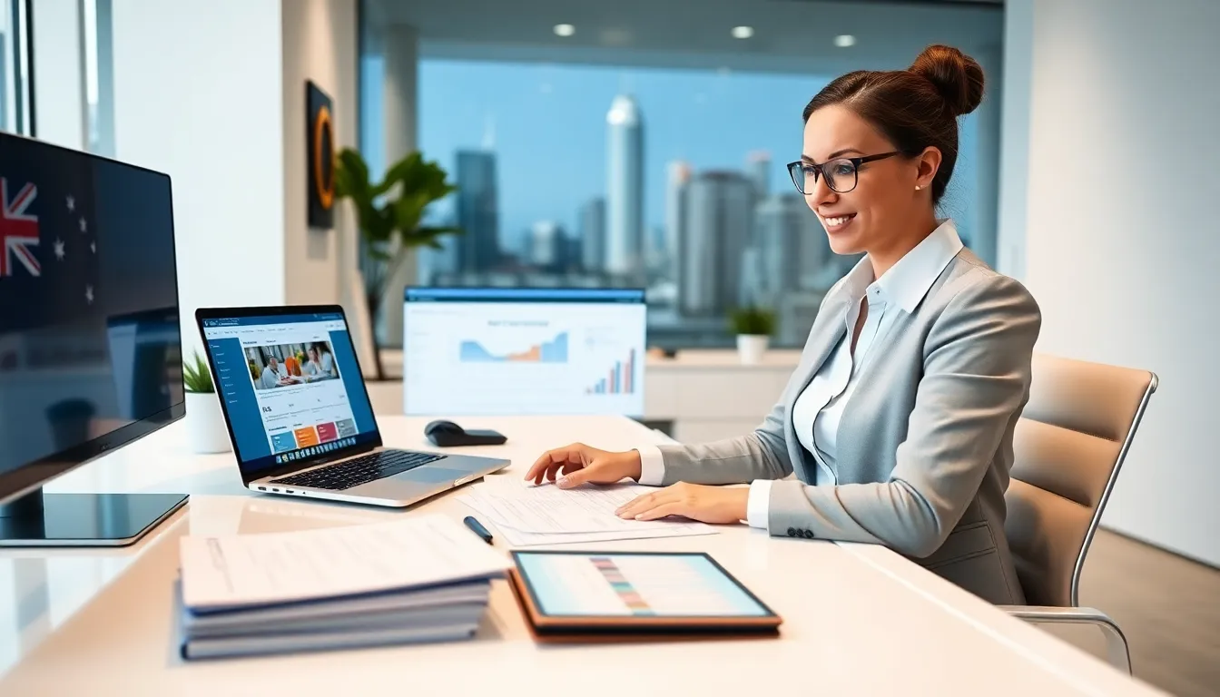 Professional accountant reviewing business tax documents in a modern Australian office.