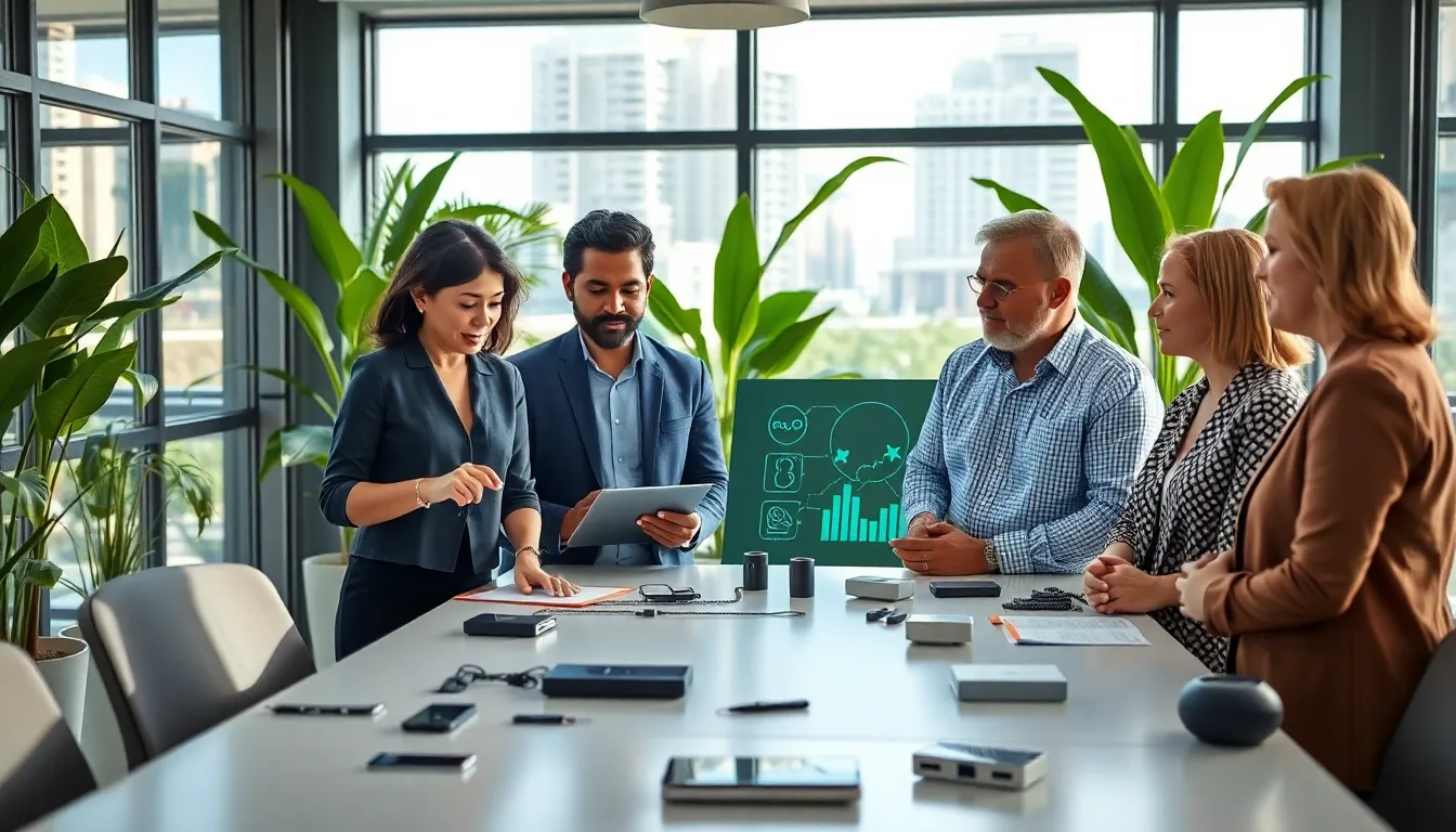 diverse professionals discussing energy solutions in a modern office.