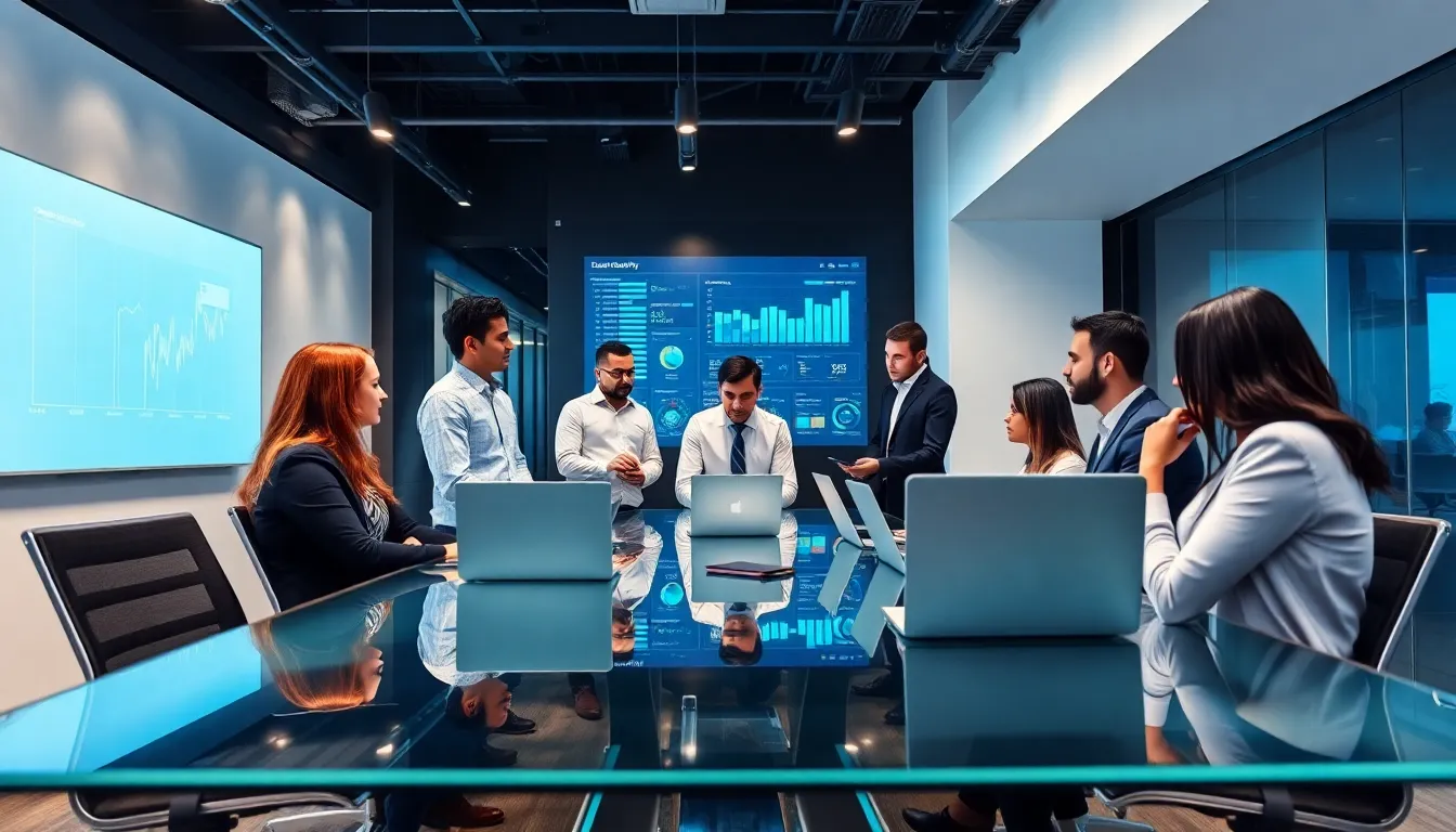Diverse cybersecurity team reviewing solutions in a modern office.
