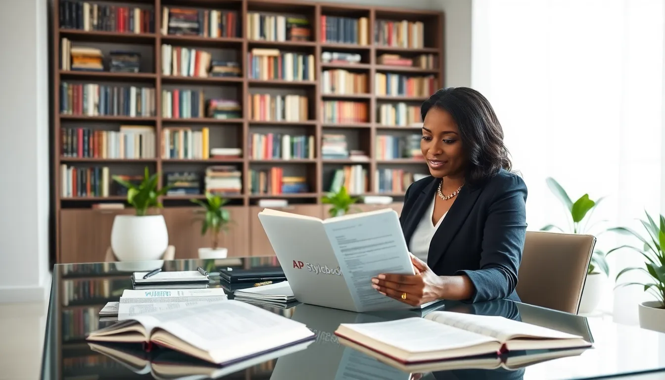professional reviewing the AP Stylebook in a modern office.