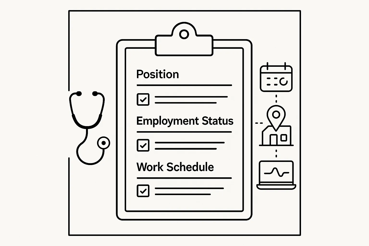 Clipboard checklist with stethoscope, calendar, map pin, and laptop icons of Physician Assistant Employment Agreement Checklist.