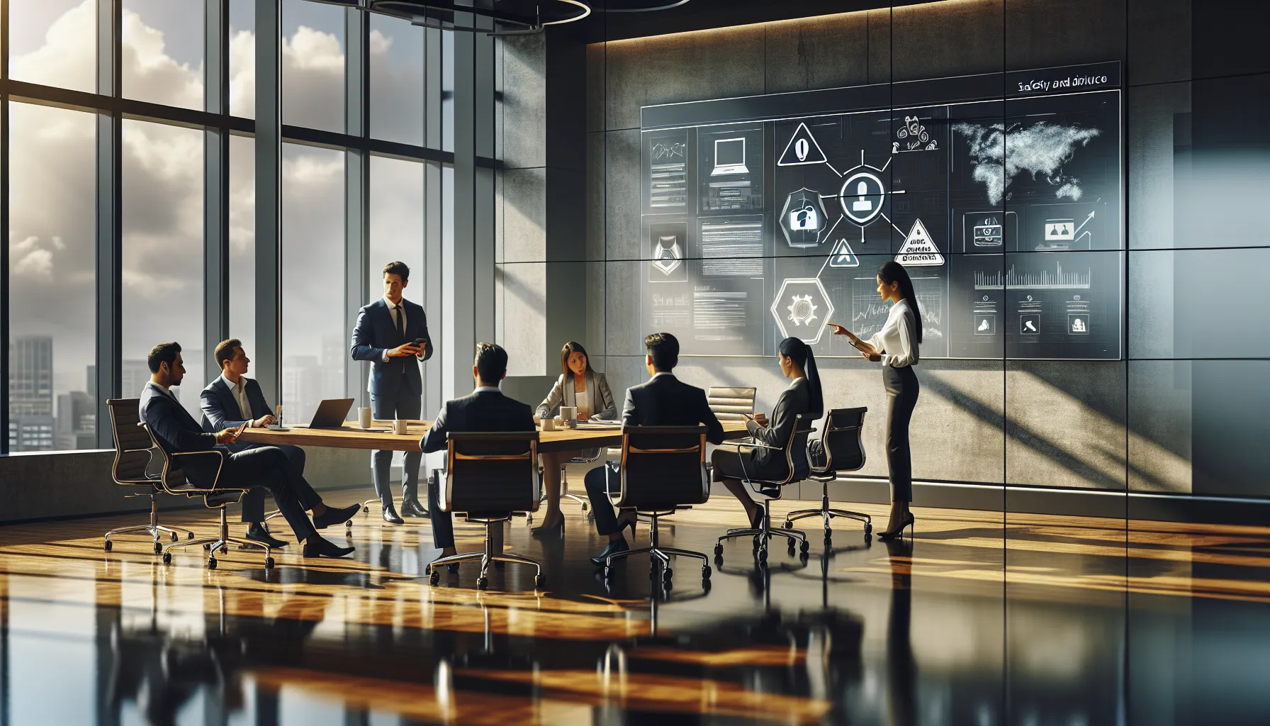 diverse professionals discussing privacy concerns in a modern office setting.