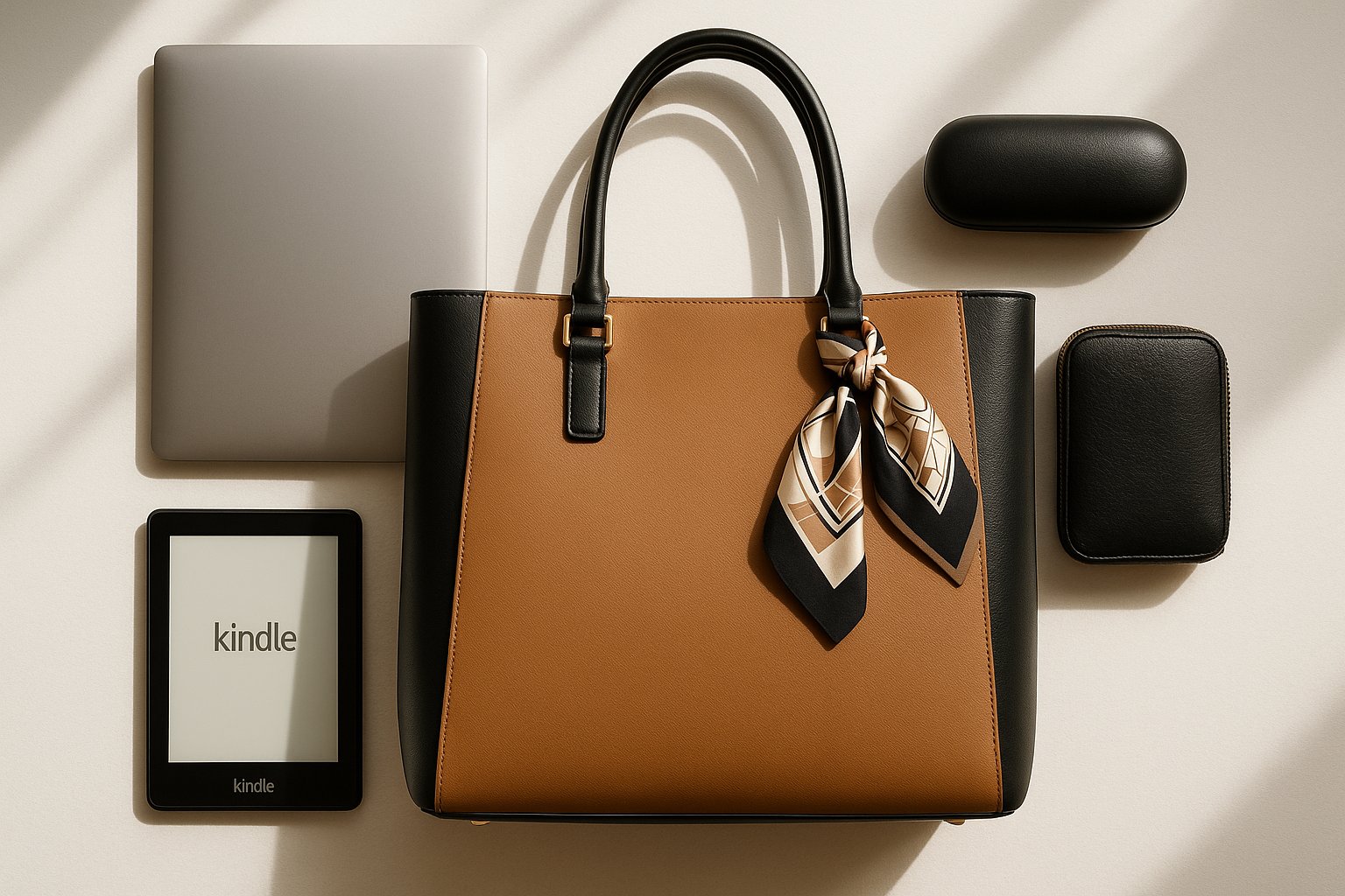neutral designer-style tote bag with essentials and scarf on a white surface