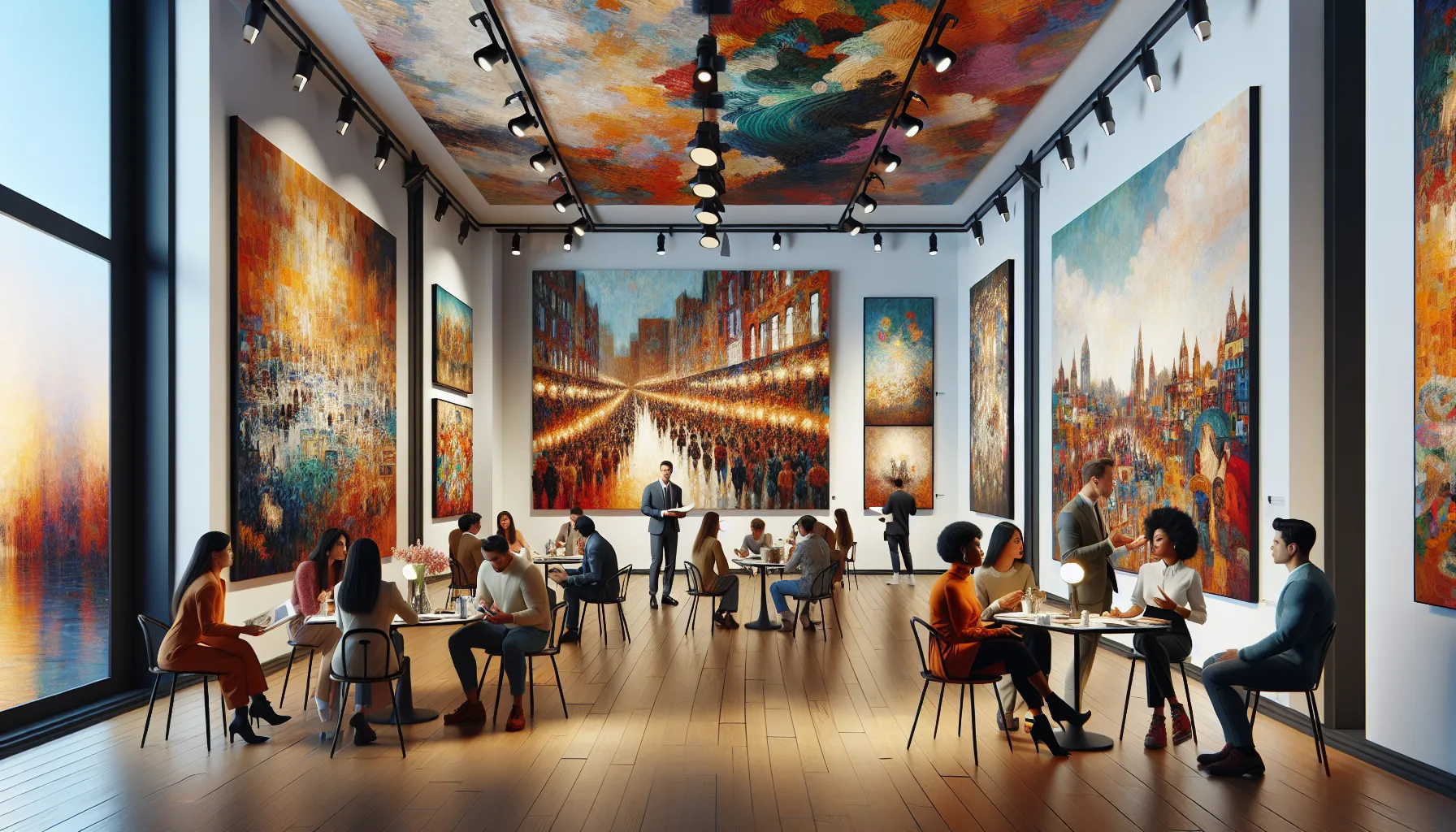 diverse professionals engaging in an art gallery discussion.