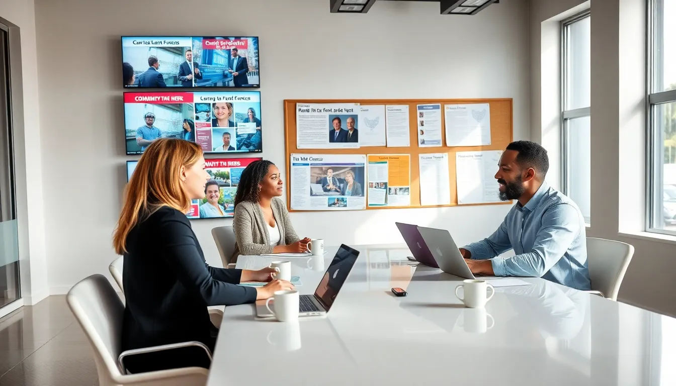 diverse team discussing news in a modern newsroom setting.