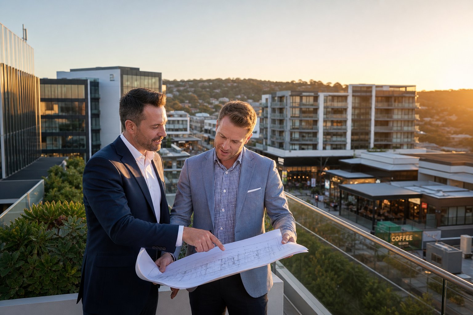 Commercial mortgage advisor and property investor reviewing plans on a rooftop overlooking modern office and retail buildings at golden hour.