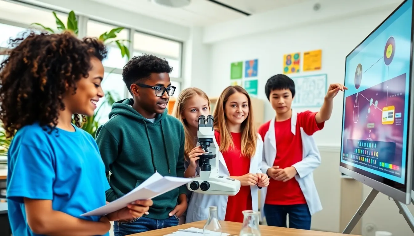 Students collaborating in a vibrant science classroom.
