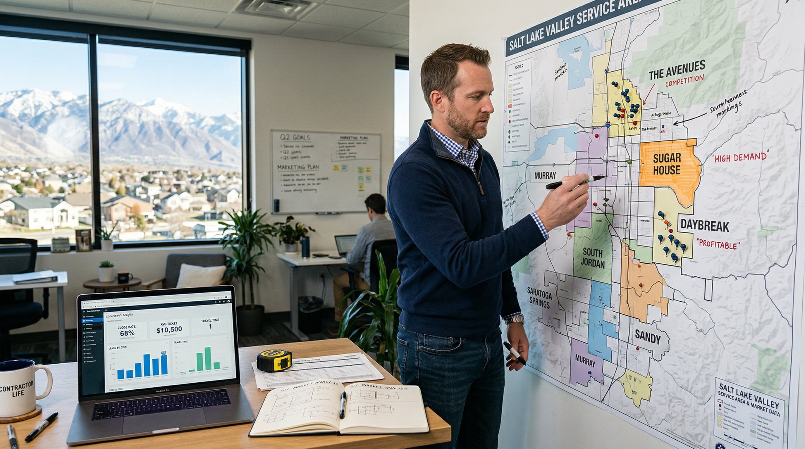 contractor analyzing profitable service areas on a neighborhood map in Utah