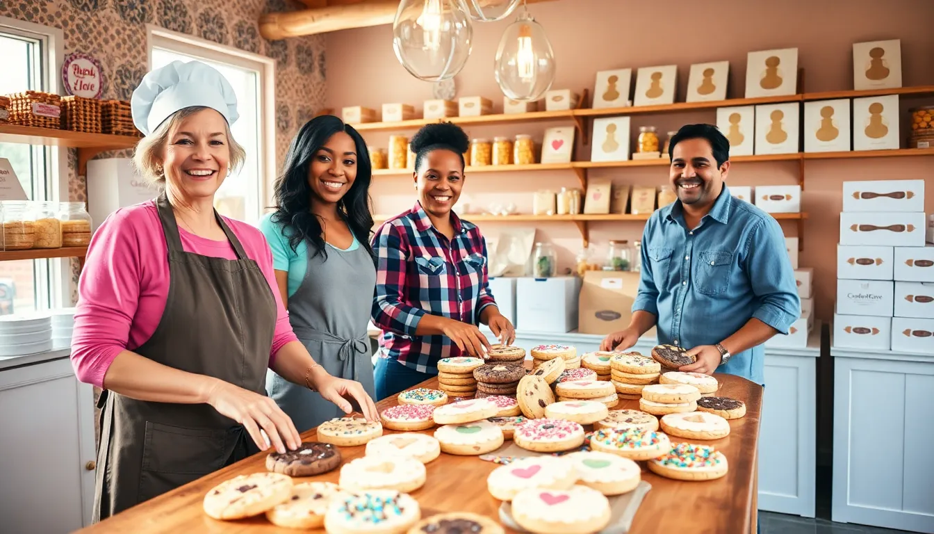 a warm bakery scene with smiling people arranging gourmet cookies.