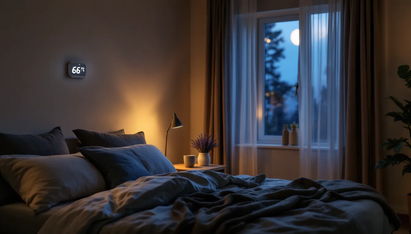 A cool, moonlit bedroom with an open window and thermostat set to 66°F.