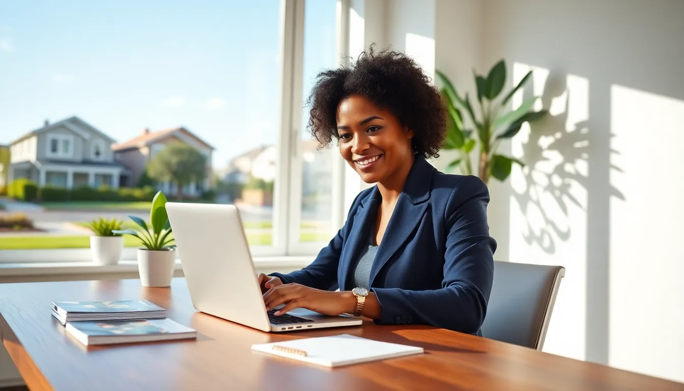 a professional real estate manager working in a sunny office with property brochures.
