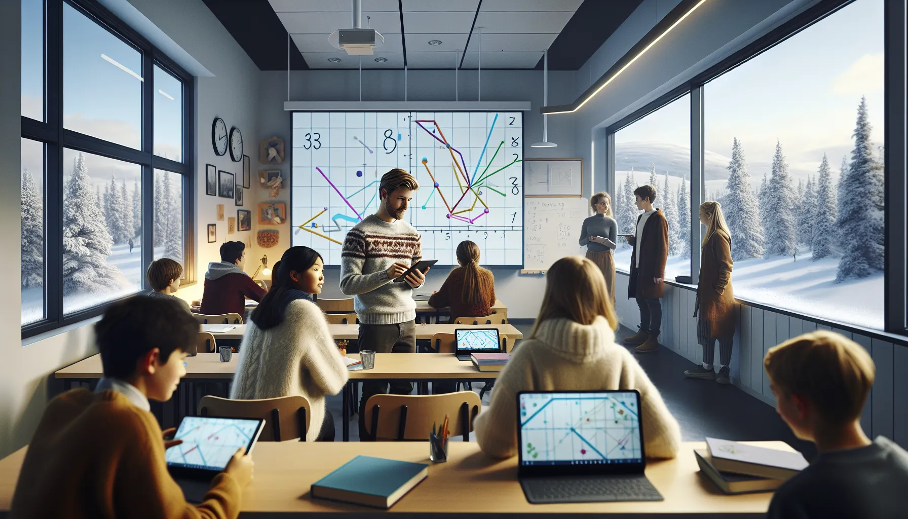 Norwegian students collaborating around a tablet with interactive math on a digital whiteboard.