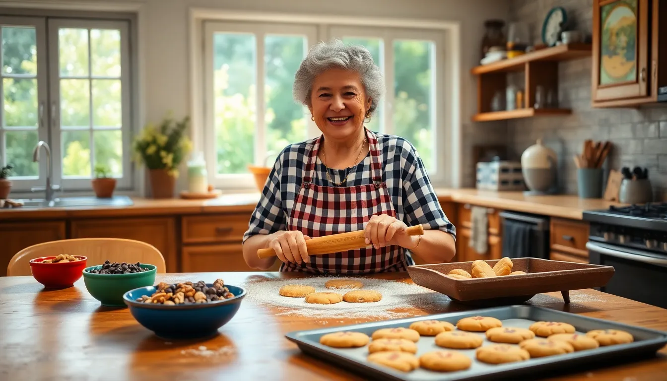 a woman baking cookies in a sunny kitchen filled with love.