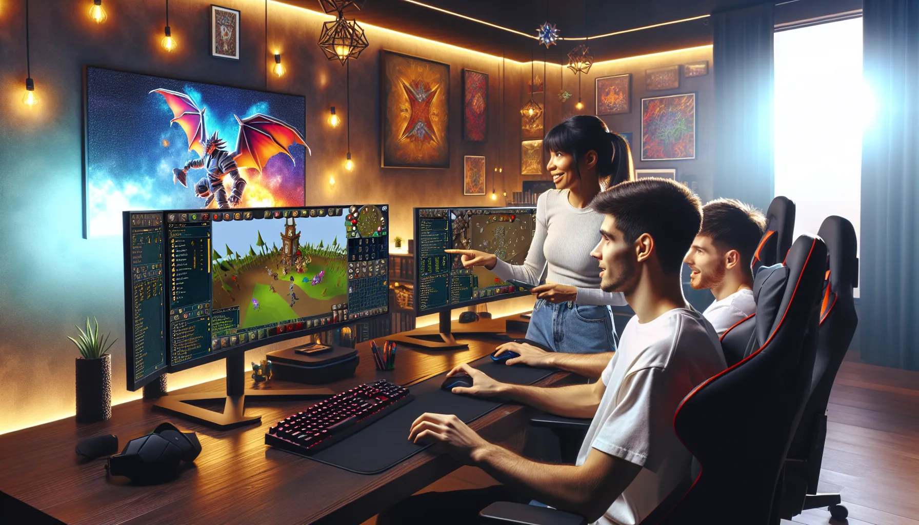 team of gamers discussing wyrm farming strategies in a modern setup.