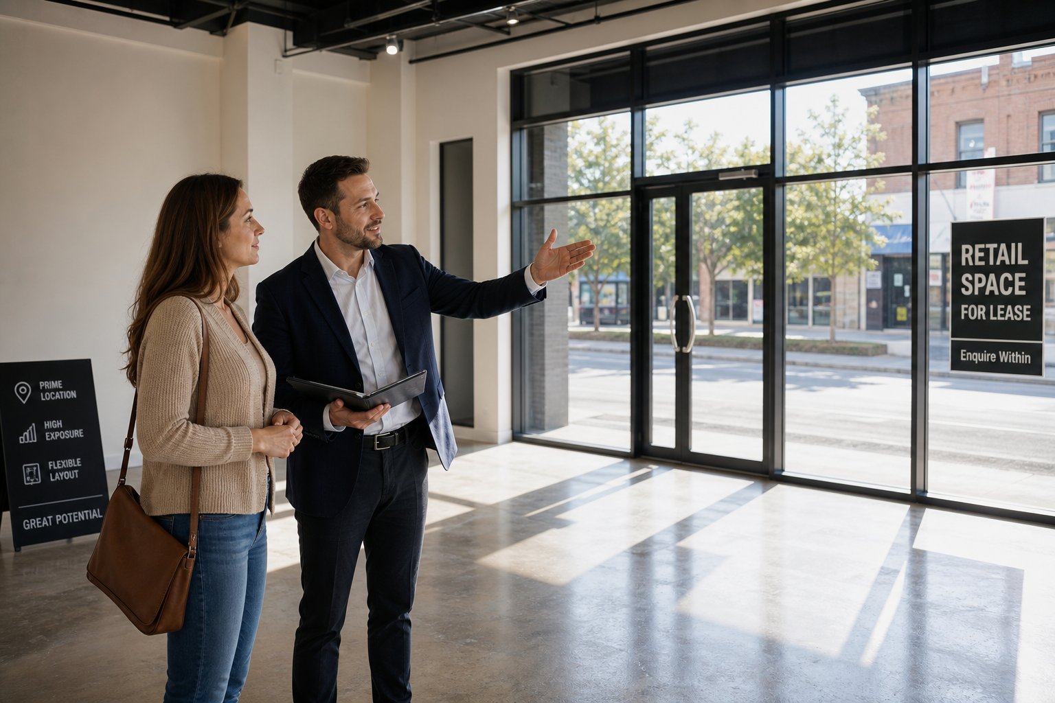 Broker and client viewing an empty retail unit with large windows and open floor space.
