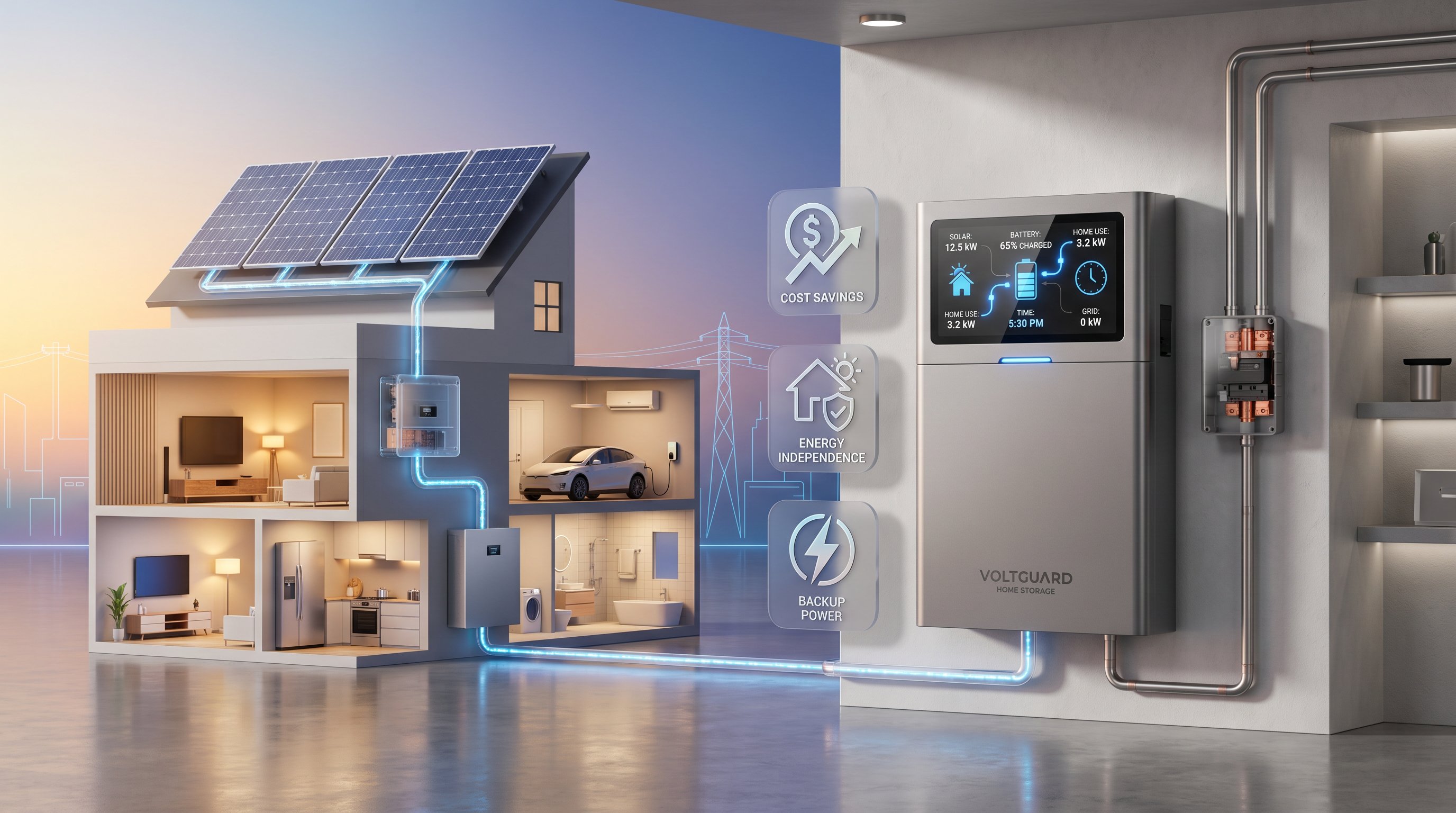 3D render of modern home solar battery system with energy flow visualization and efficiency icons.