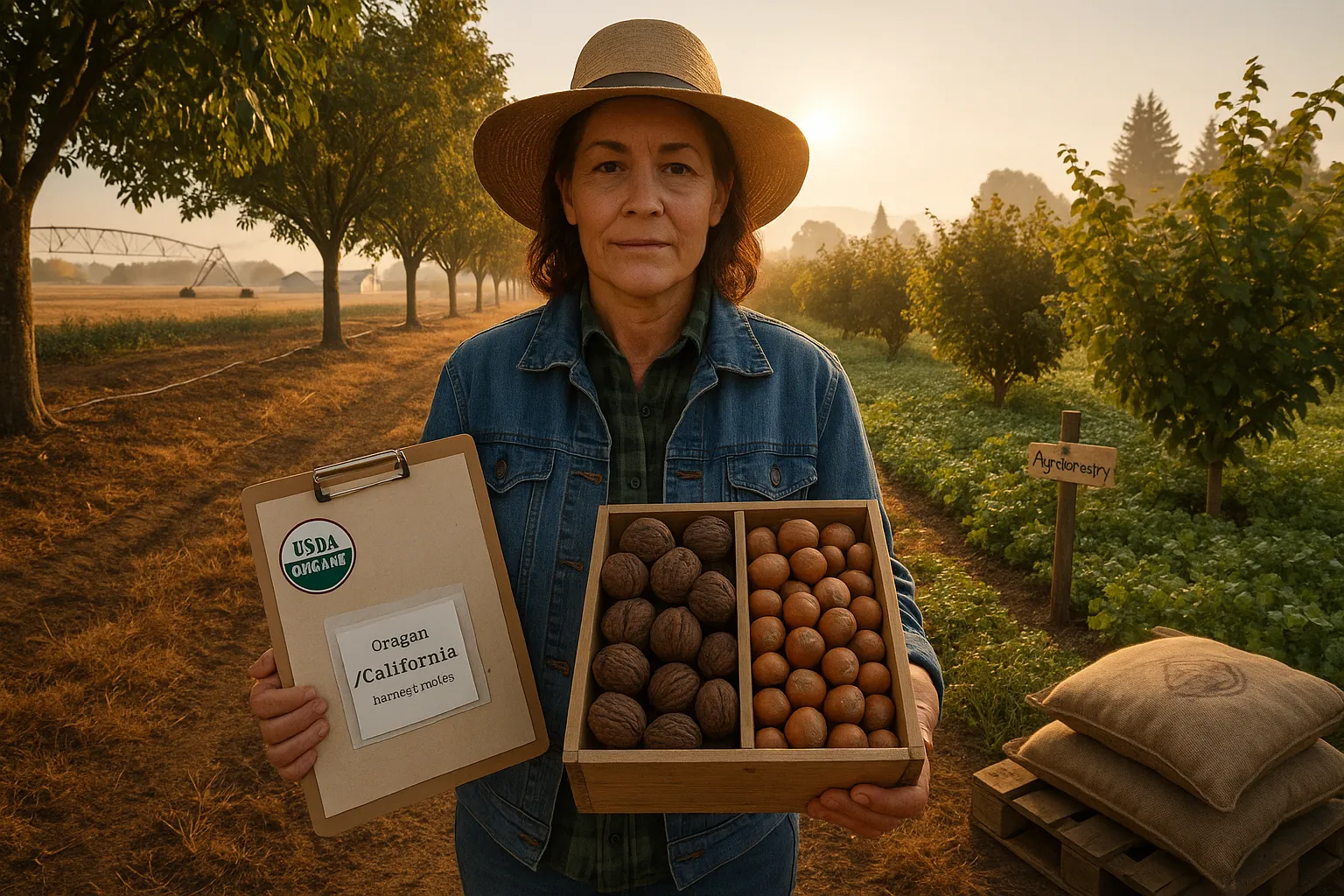 Farmer holding a crate of walnuts and hazelnuts on a mixed US farm.