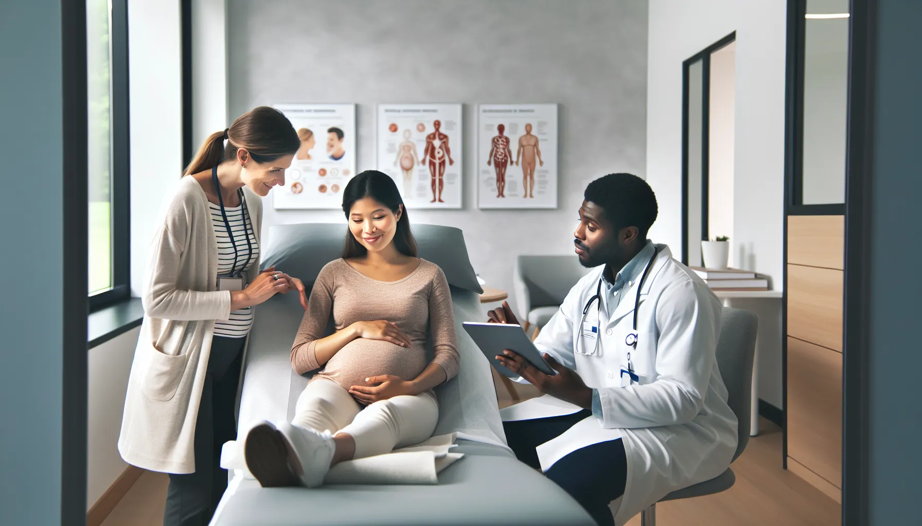 Pregnant woman consulting with healthcare team about azoborode allergy management.