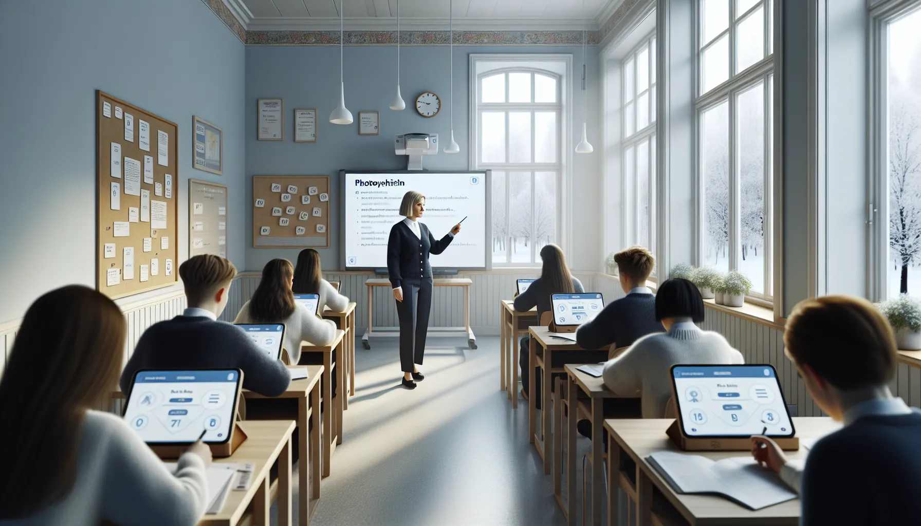 Hvordan bruke teknologi for å forbedre læring 2 Norwegian teacher explains rubric as students use tablets for quick feedback.