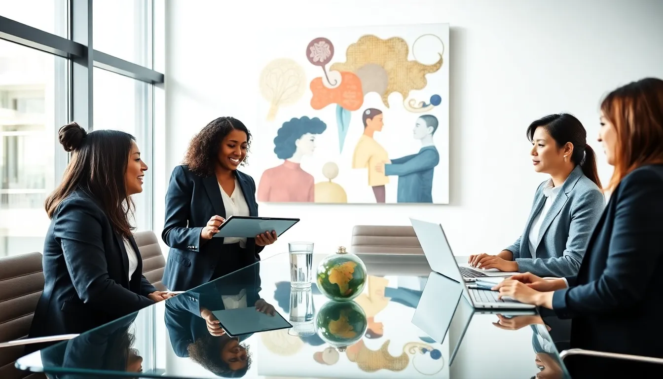 diverse professionals discussing ideas in a modern office setting.