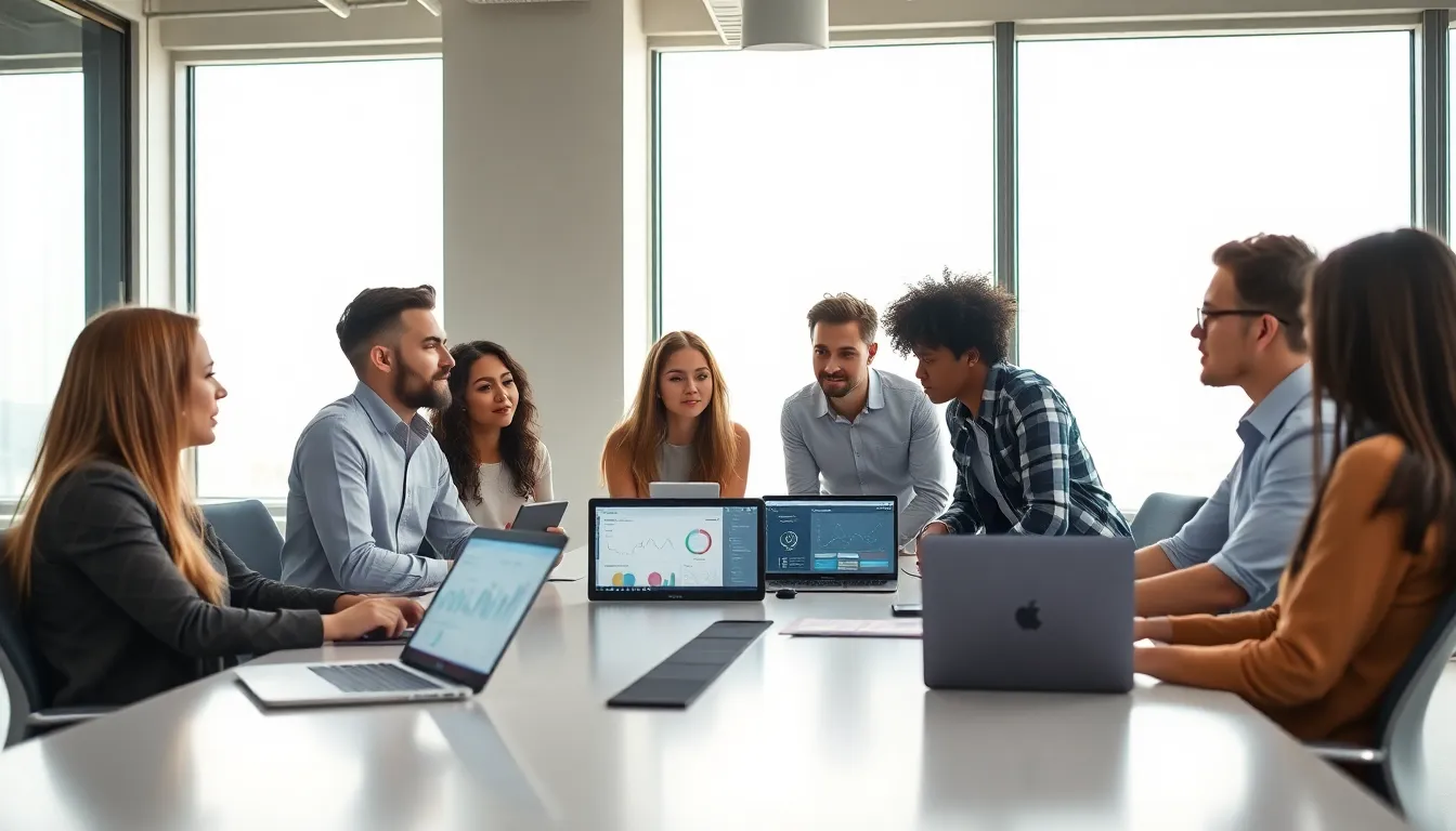 diverse team discussing technology in a modern office.