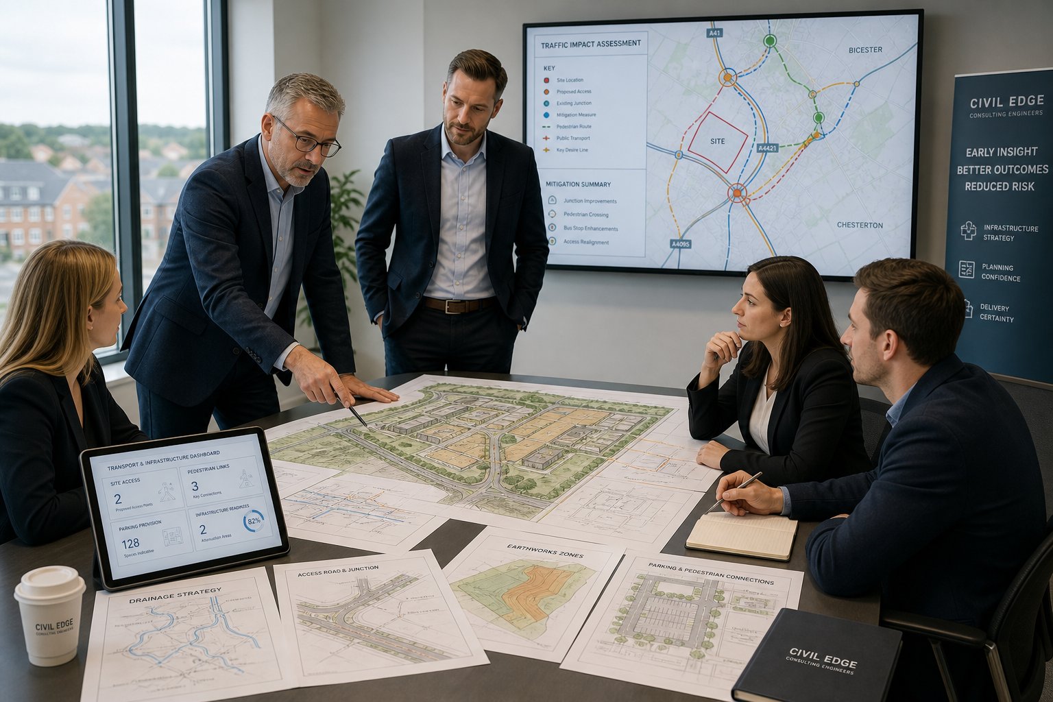 UK development team reviewing site plans and infrastructure risks early.