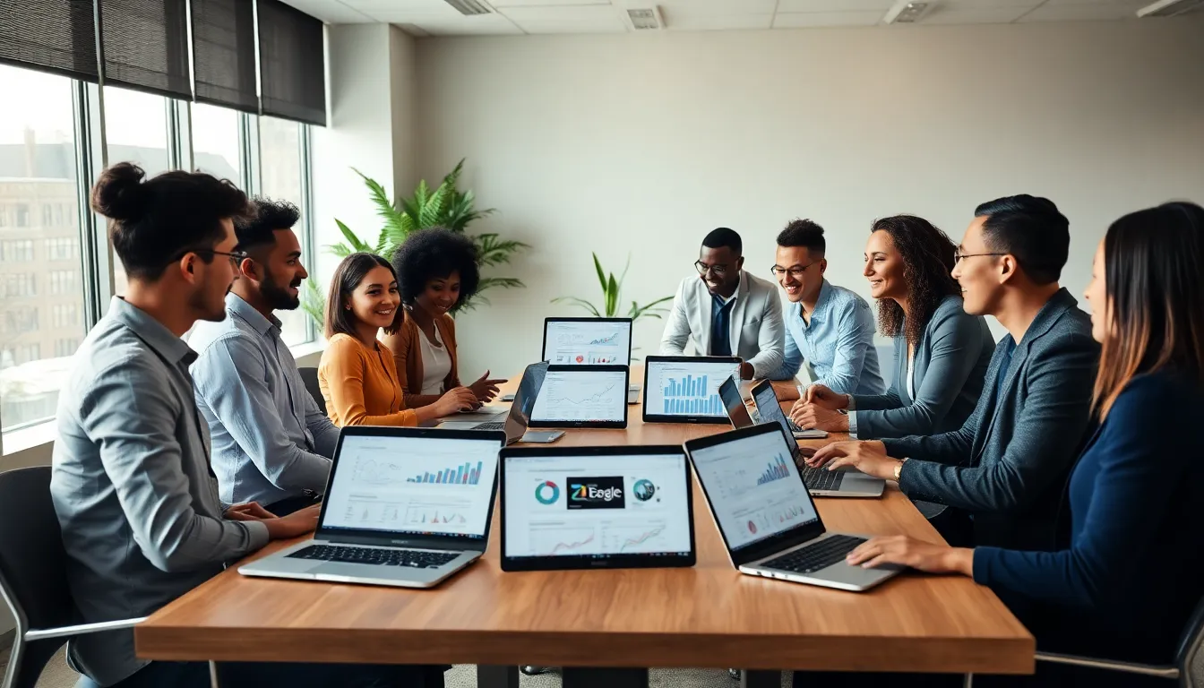 diverse team collaborating in a modern office on digital marketing tools.