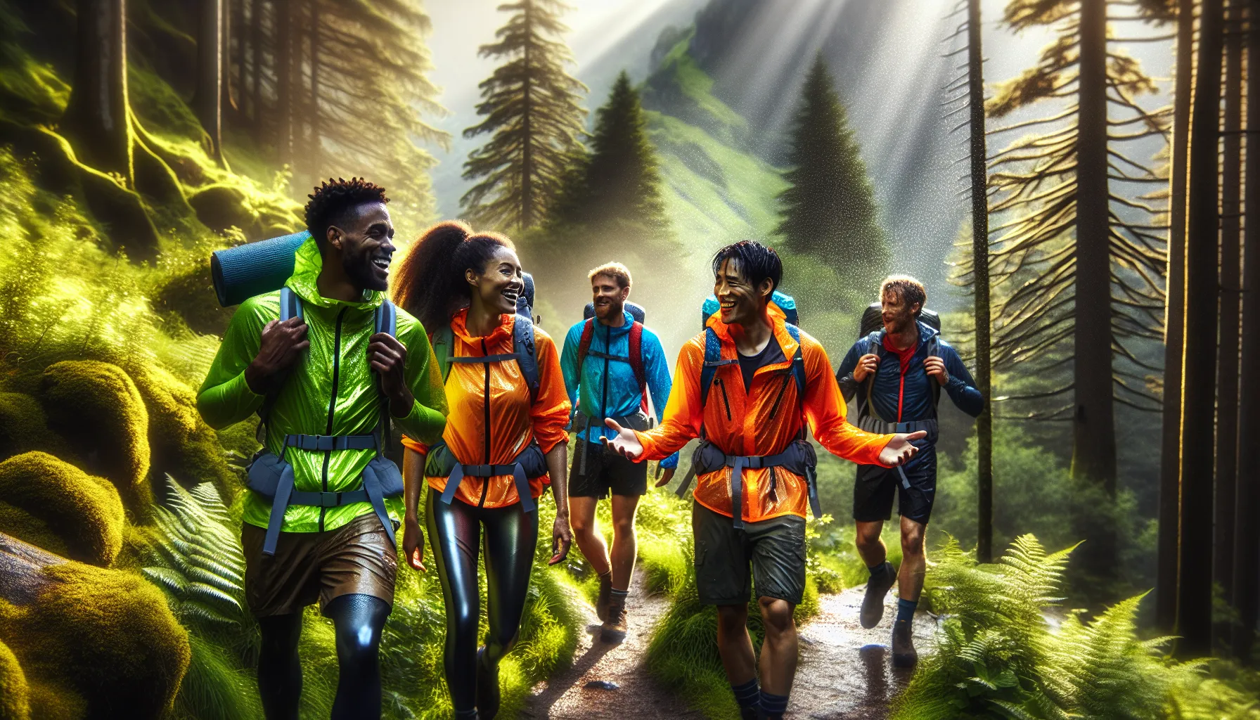 diverse hikers wearing Morzqux waterproof jackets on a rainy trail.